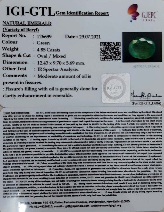 4.85/CT Natural Panna Stone with Govt. Lab Certified (3441)