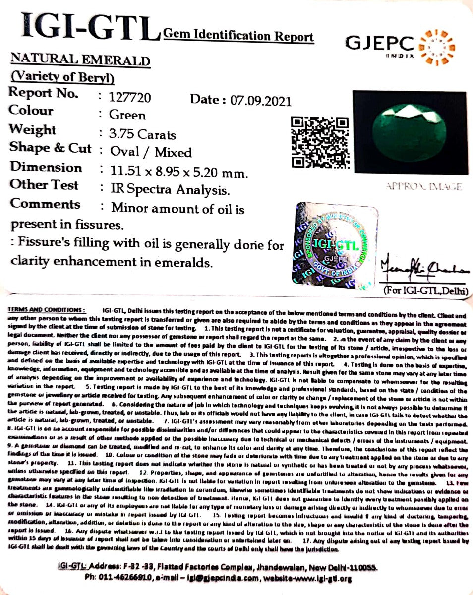 3.75/CT Natural Panna Stone with Govt. Lab Certified-(4551)