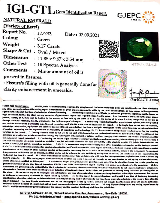 3.17/CT Natural Panna Stone with Govt. Lab Certificate  (6771)