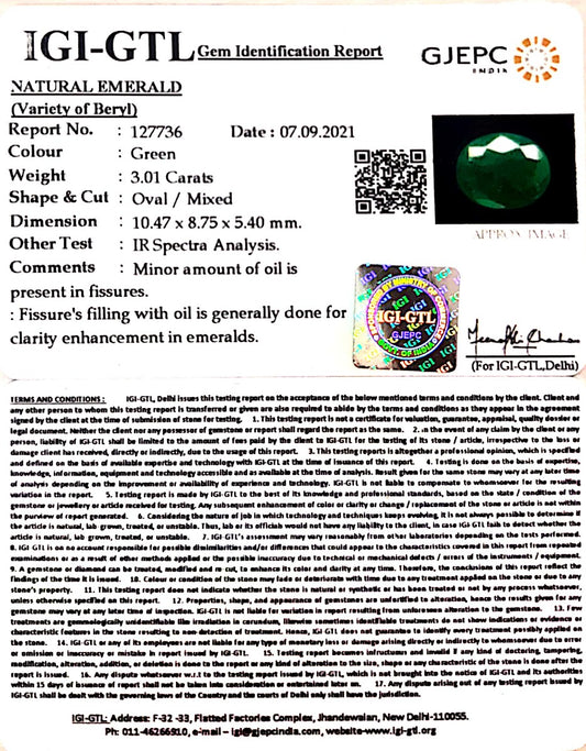 3.01/CT Natural Panna Stone with Govt. Lab Certificate  (6771)