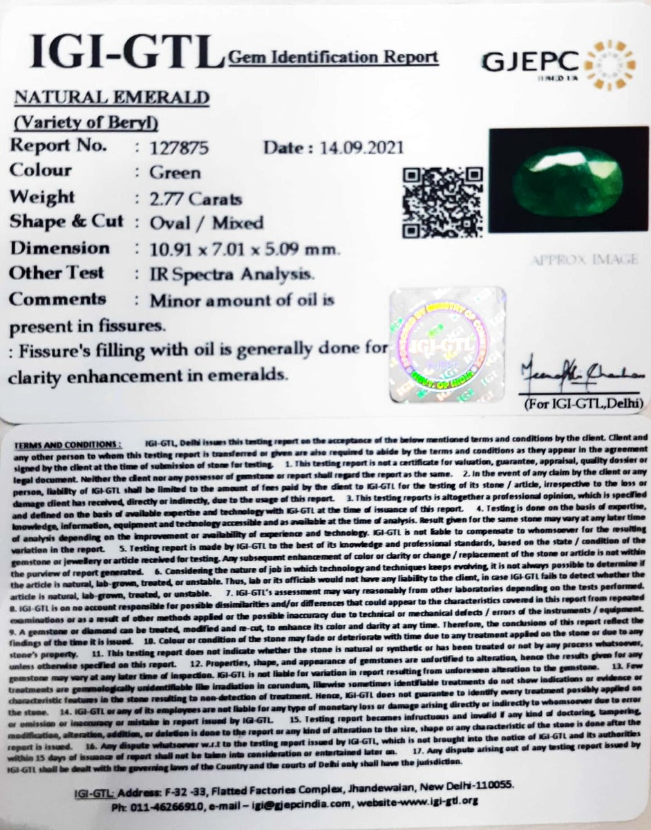 2.77/CT Natural Panna Stone with Govt. Lab Certificate  (6771)