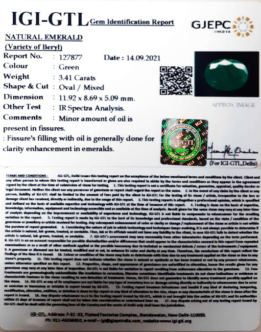 3.41/CT Natural Panna Stone with Govt. Lab Certified (3441)