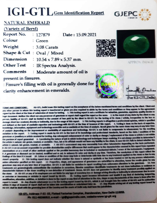 3.08/CT Natural Panna Stone with Govt. Lab Certified (3441)