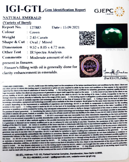 2.45/CT Natural Panna Stone with Govt. Lab Certificate  (6771)