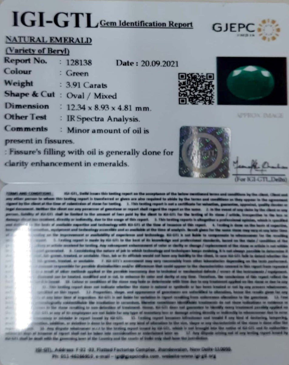 3.91/CT Natural Panna Stone with Govt. Lab Certified (3441)