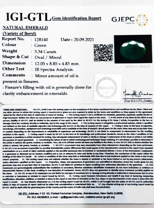 3.34/CT Natural Panna Stone with Govt. Lab Certified (3441)