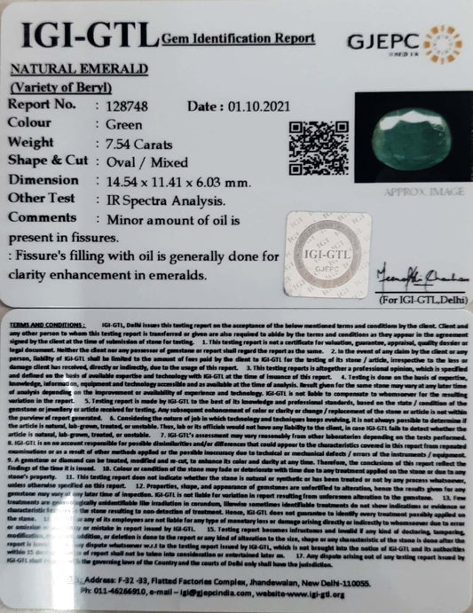 7.54/CT Natural Panna Stone with Govt. Lab Certified (3441)