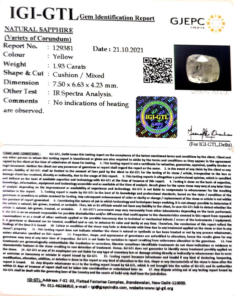 1.93/CT Natural Ceylonese Pukhraj with Govt Lab Certificate-4551