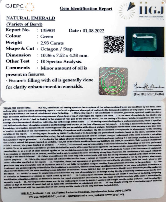 2.93/CT Natural Panna Stone with Govt. Lab Certificate  (6771)