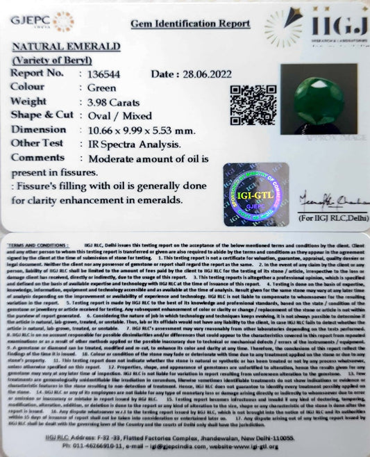 3.64/CT Natural Panna Stone with Govt. Lab Certified-(4551)