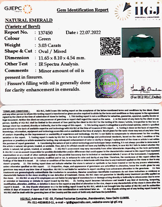 3.03/CT Natural Emerald Stone with Govt. Lab Certified-16650