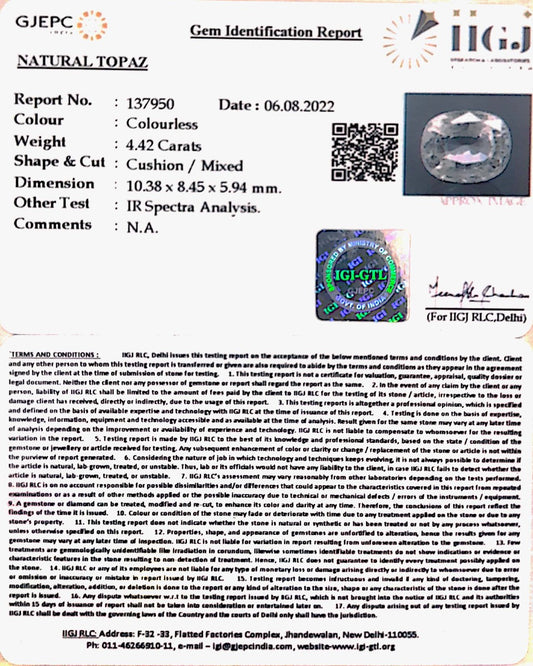 4.90 Ratti Natural White Topaz  with Govt Lab Certificate (1665)