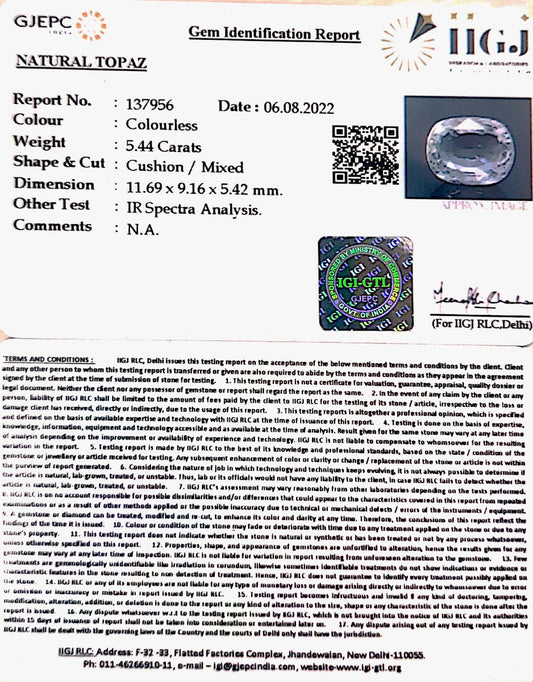 6.03 Ratti Natural White Topaz  with Govt Lab Certificate (1665)