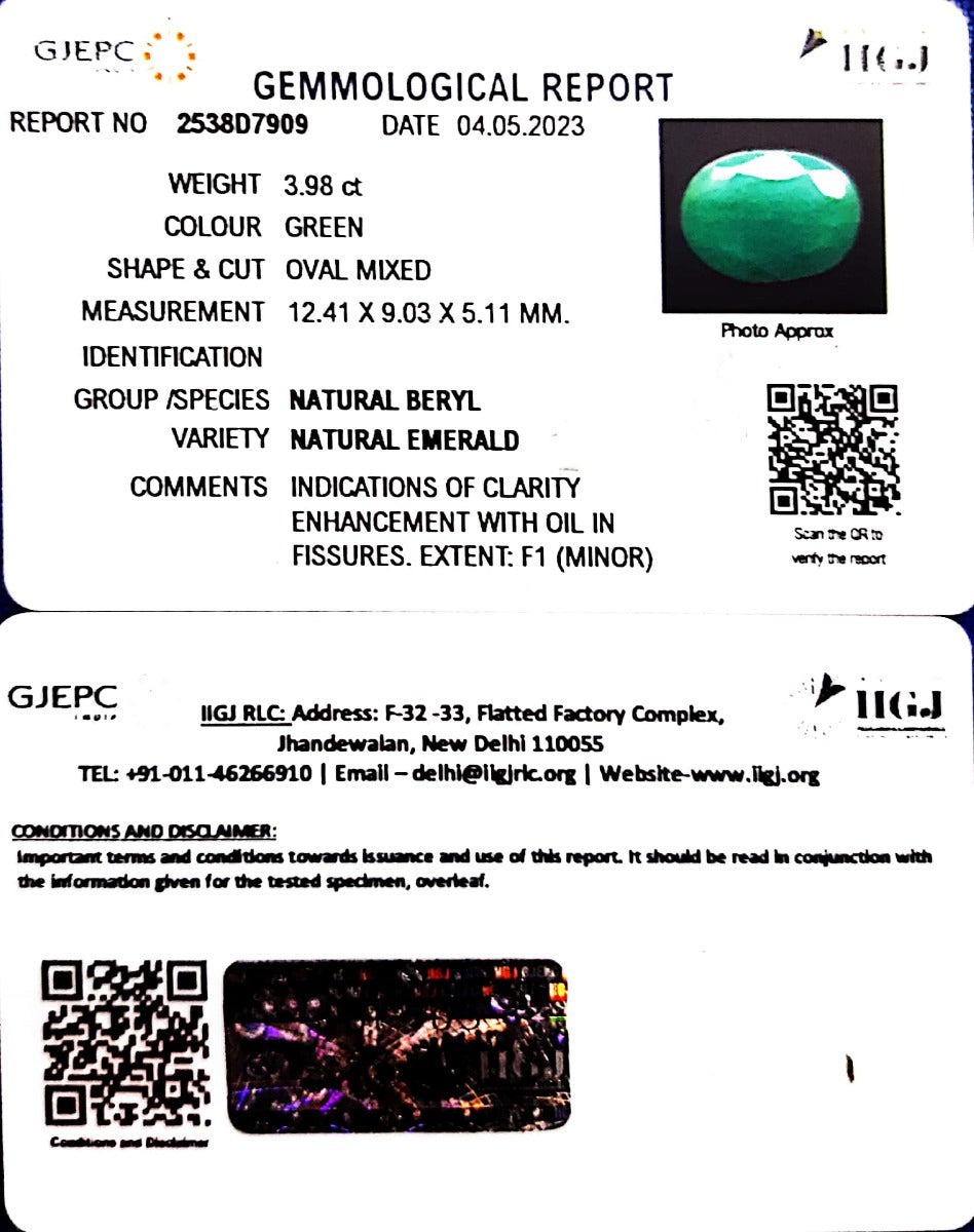 3.98/CT Natural Panna Stone with Govt. Lab Certificate  (1221)