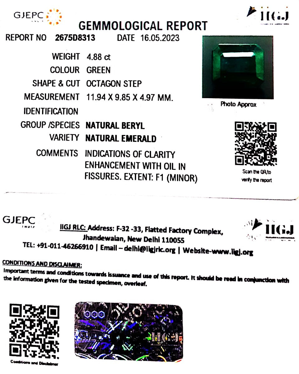 4.88/CT Natural Panna Stone with Govt. Lab Certificate  (12210)