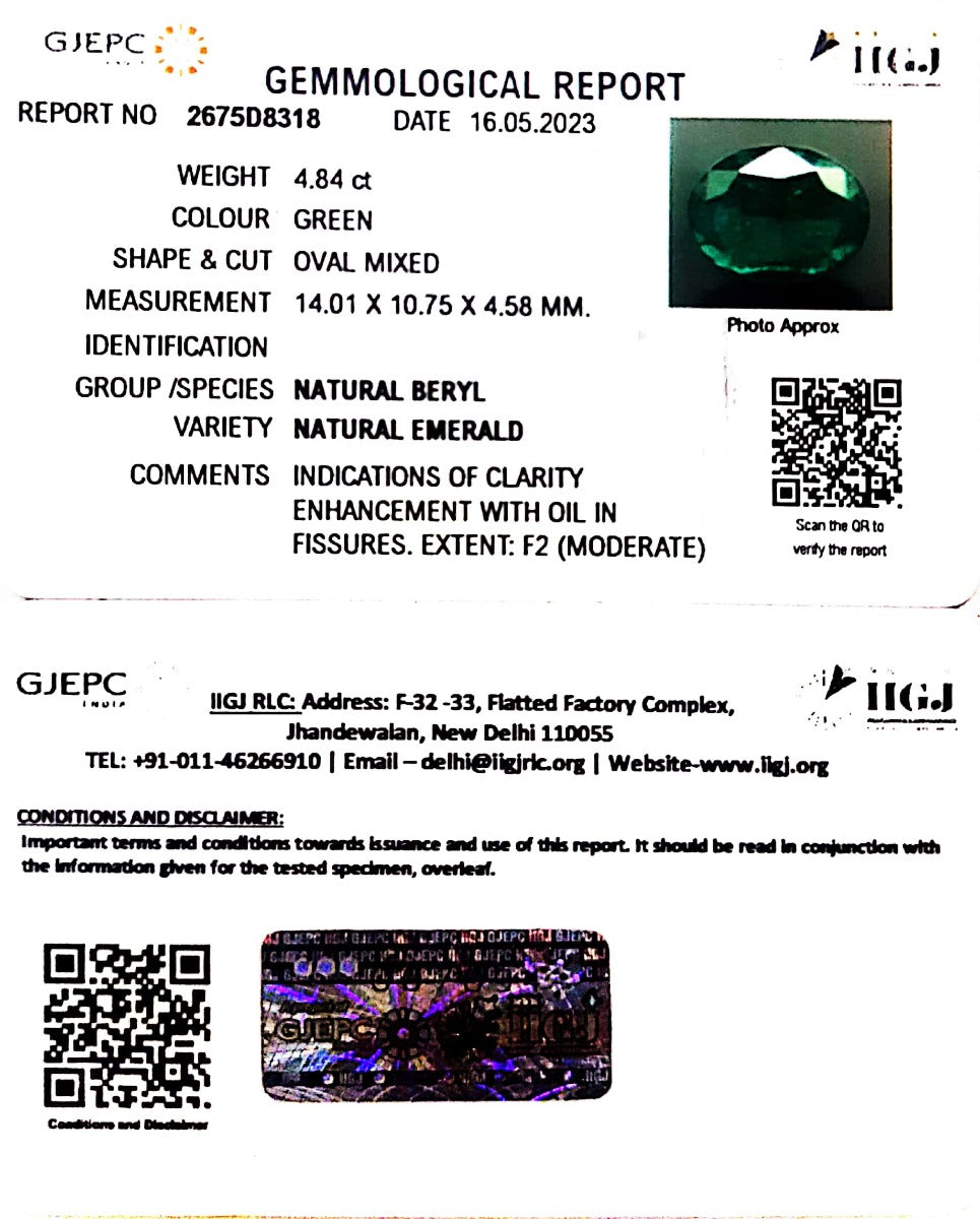 4.84/CT Natural Panna Stone with Govt. Lab Certificate  (23310)