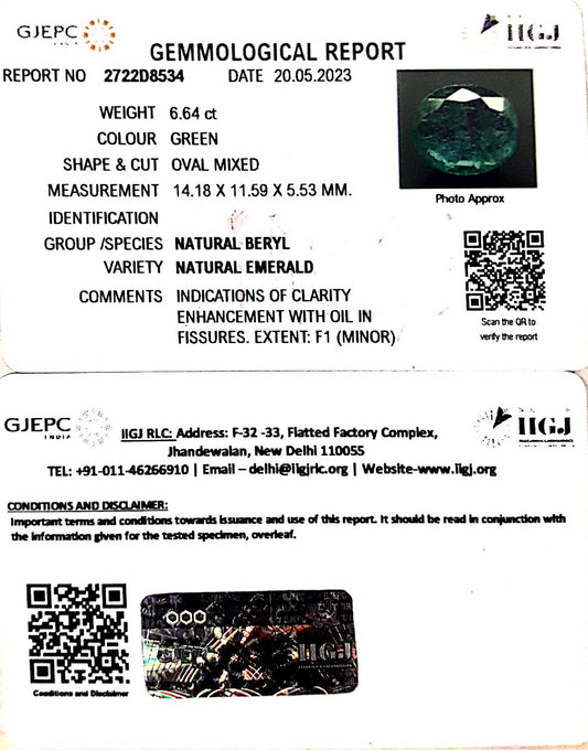 6.64/CT Natural Panna Stone with Govt. Lab Certificate  (23310)