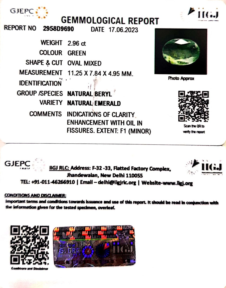 2.96/CT Natural Panna Stone with Govt. Lab Certificate  (12210)