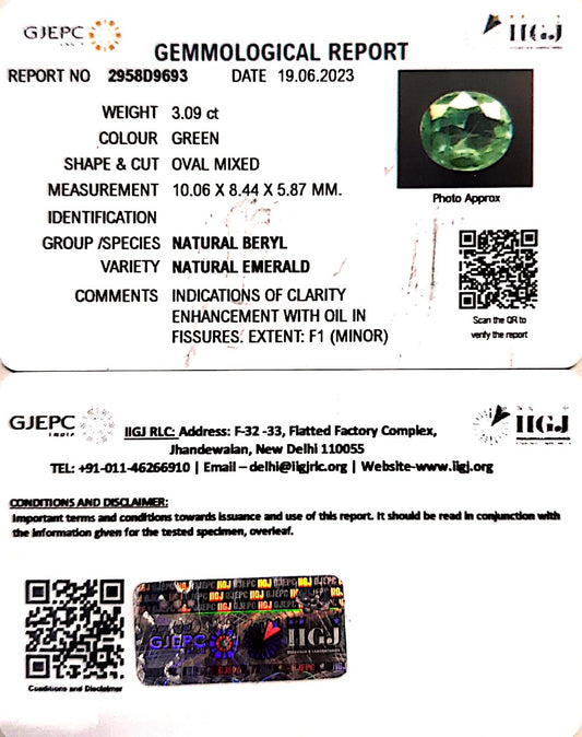 3.09/CT Natural Panna Stone with Govt. Lab Certificate  (23310)