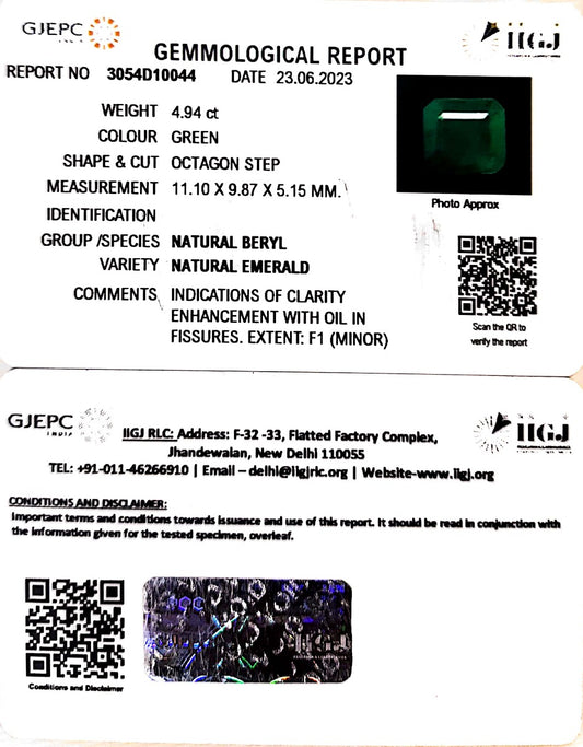 4.94/CT Natural Panna Stone with Govt. Lab Certificate  (3441)