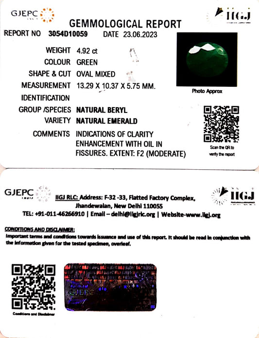 4.92/CT Natural Panna Stone with Govt. Lab Certificate  (1221)