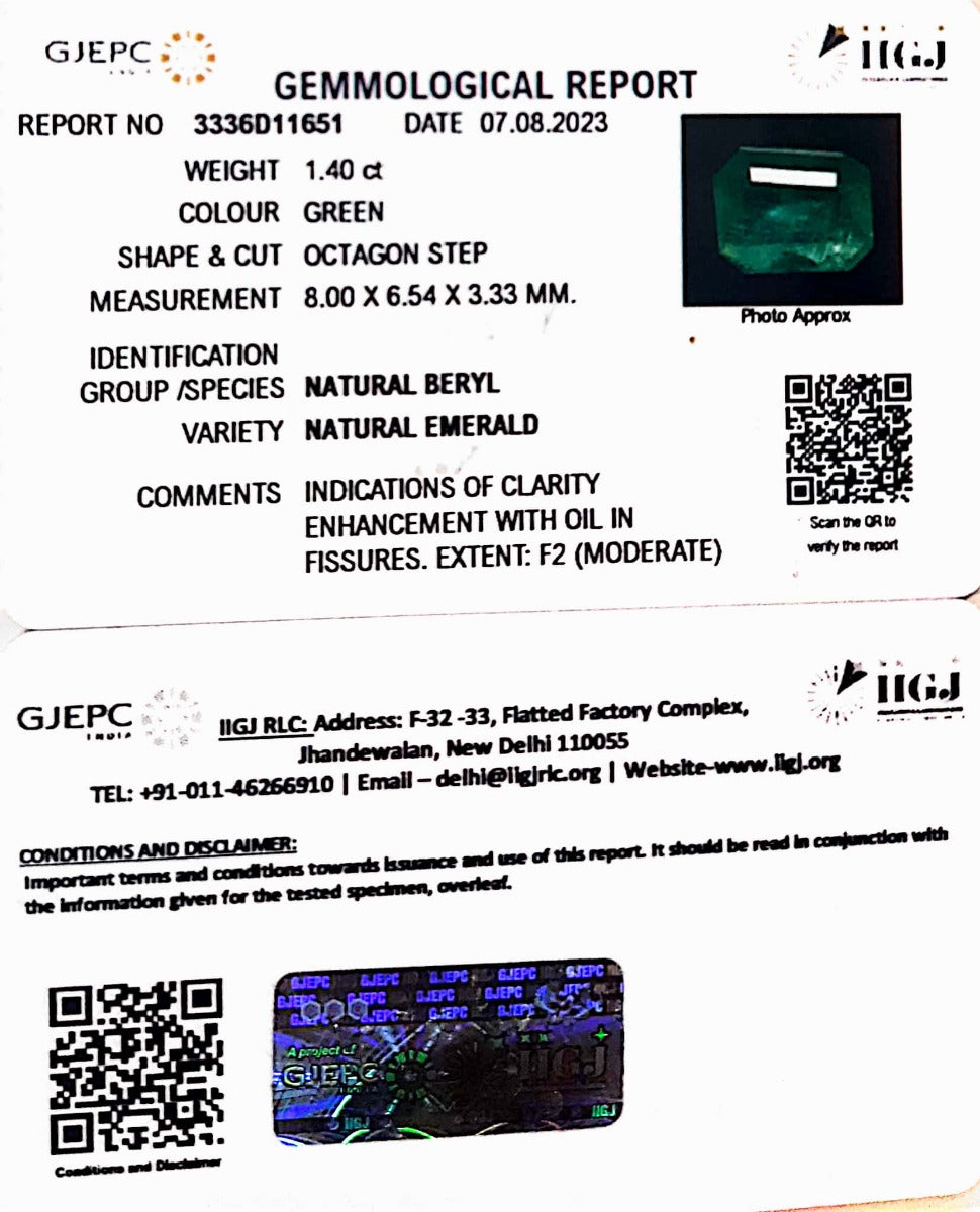 1.40/CT Natural Panna Stone with Govt. Lab Certificate  (12210)