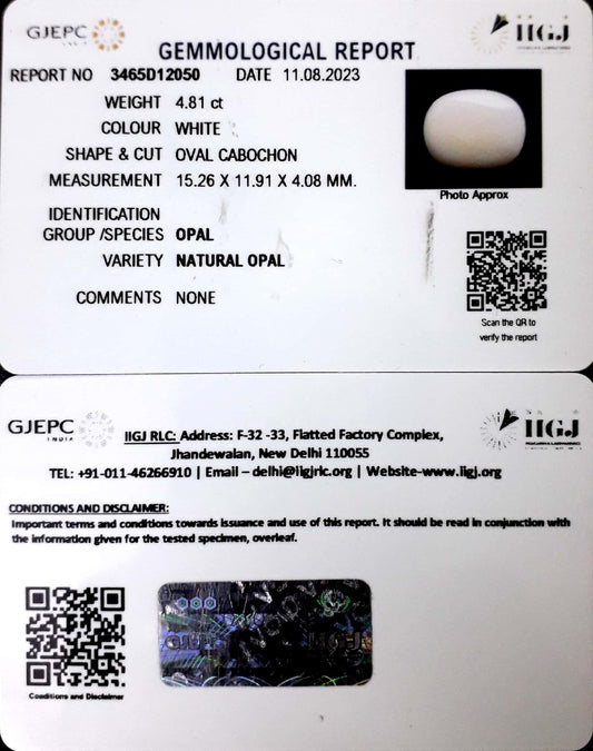 4.81/CT Natural Opal with Govt. Lab Certificate (832)