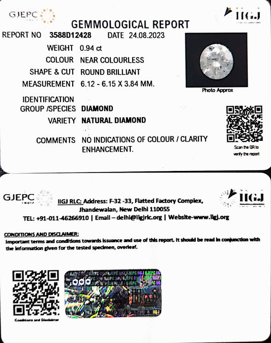 0.94/Cents Natural Diamond with Govt. Lab Certificate (120000)