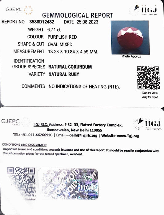 6.71/CT Natural Indian Ruby with Govt. Lab Certificate (1221)