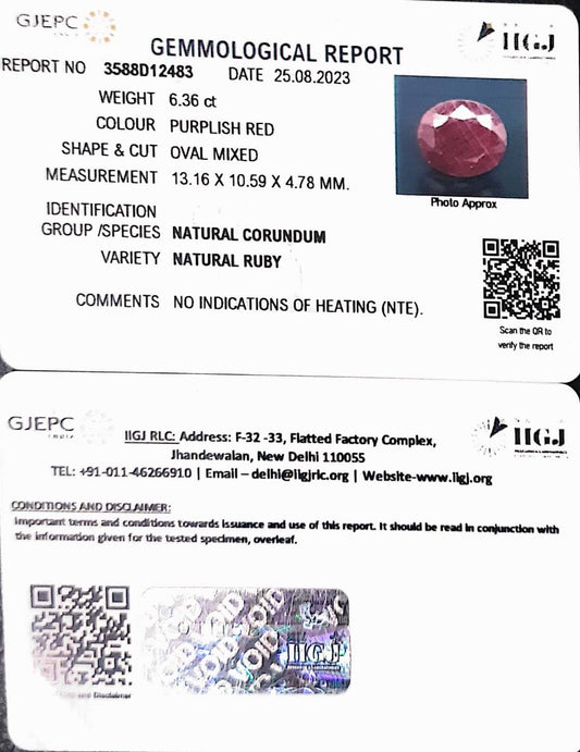 6.36/CT Natural Indian Ruby with Govt. Lab Certificate (1221)