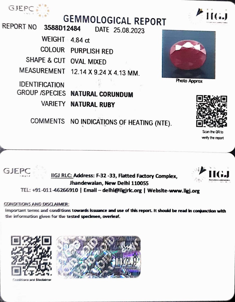 4.84/CT Natural Indian Ruby with Govt. Lab Certificate (1221)