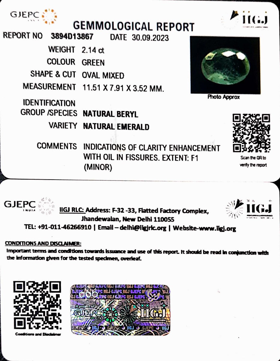 2.14/CT Natural Panna Stone with Govt. Lab Certificate (6771)