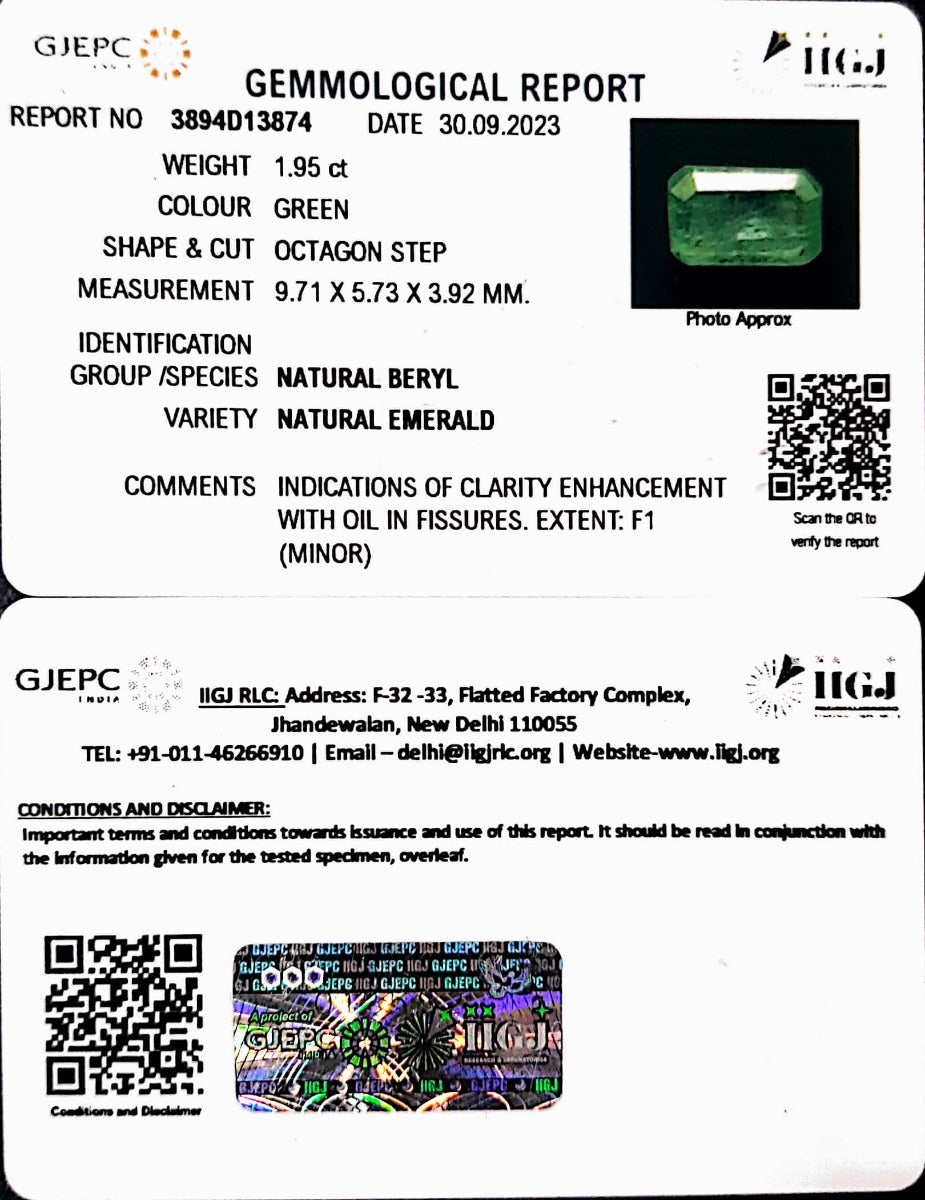 1.95/CT Natural Panna Stone with Govt. Lab Certificate  (4551)