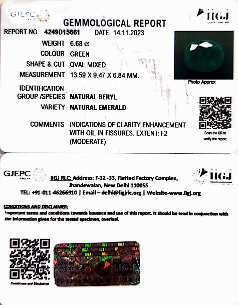 6.68/CT Natural Panna Stone with Govt. Lab Certificate  (8991)