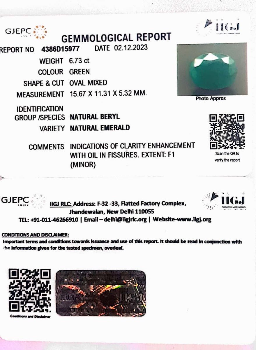 6.73/CT Natural Panna Stone with Govt. Lab Certificate  (6771)