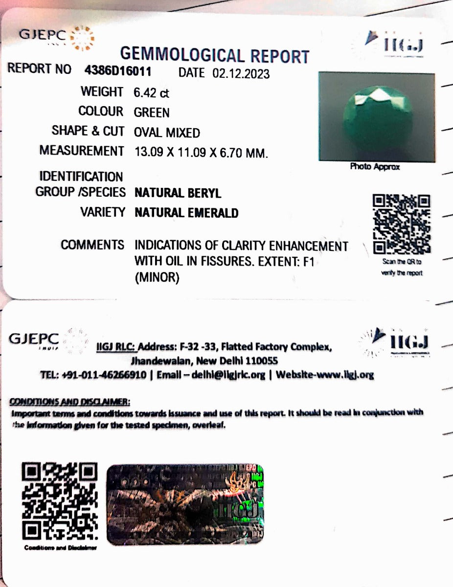 6.42/CT Natural Panna Stone with Govt. Lab Certificate  (3441)