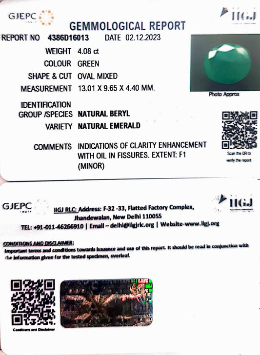 4.08/CT Natural Panna Stone with Govt. Lab Certificate (4551)