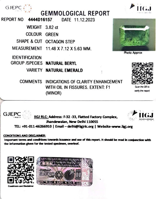 3.82/CT Natural Panna Stone with Govt. Lab Certificate  (1221)