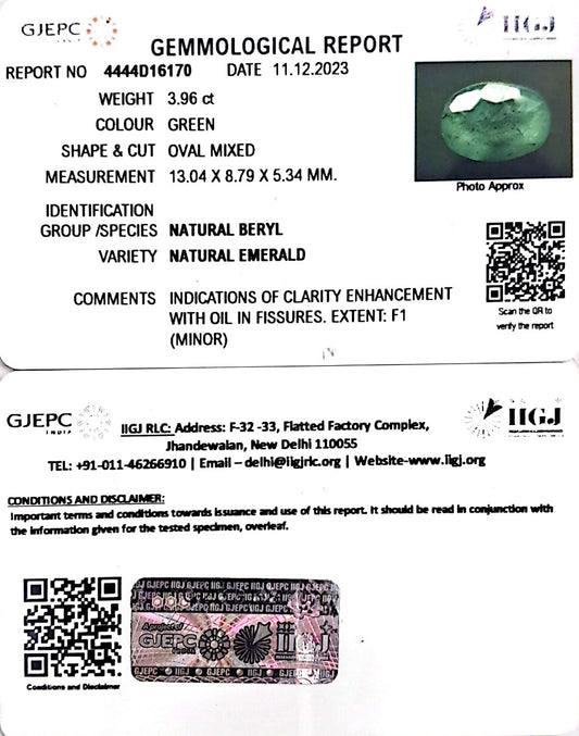 3.96/CT Natural Panna Stone with Govt. Lab Certificate (1221)