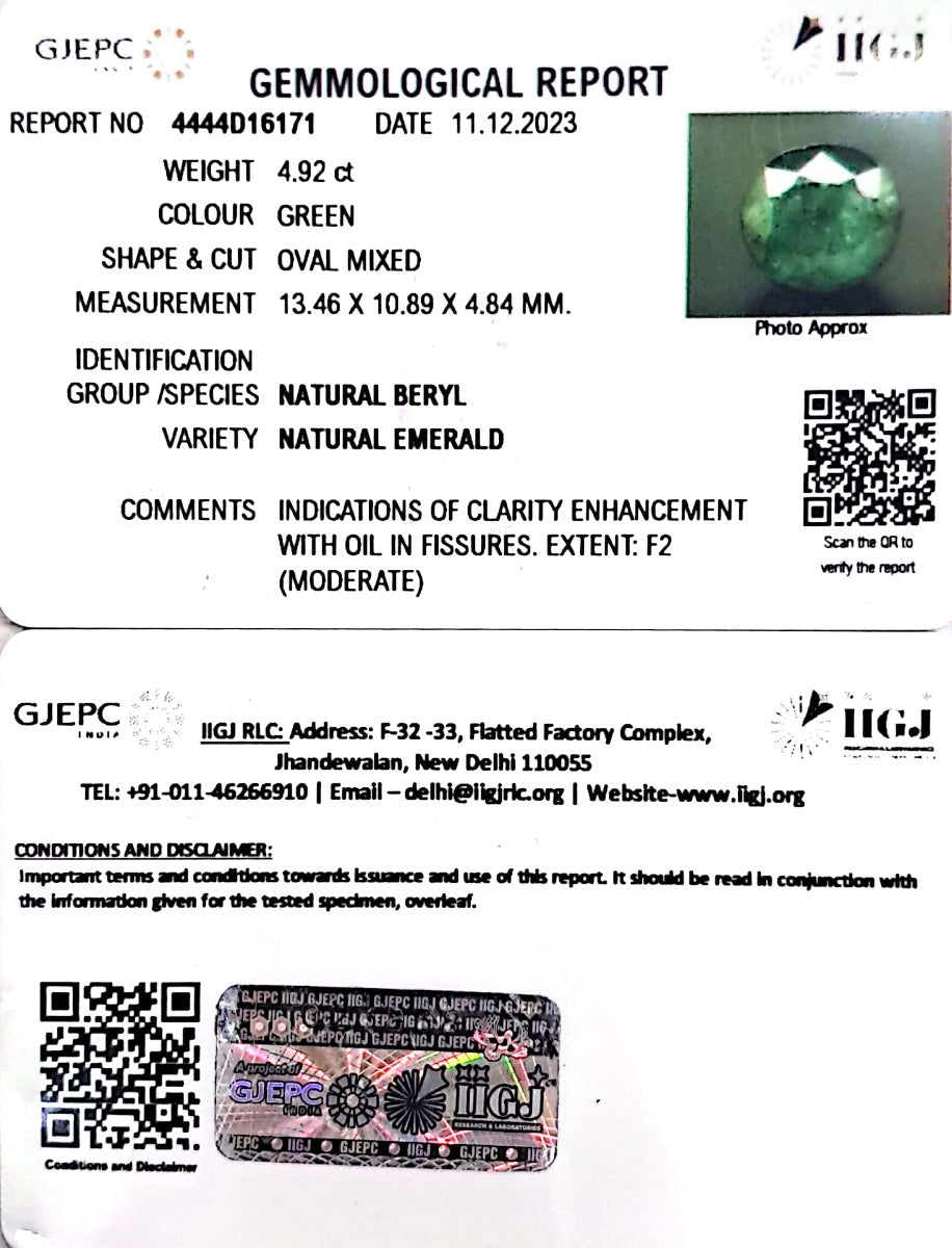 4.92/CT Natural Panna Stone with Govt. Lab Certificate (2331)