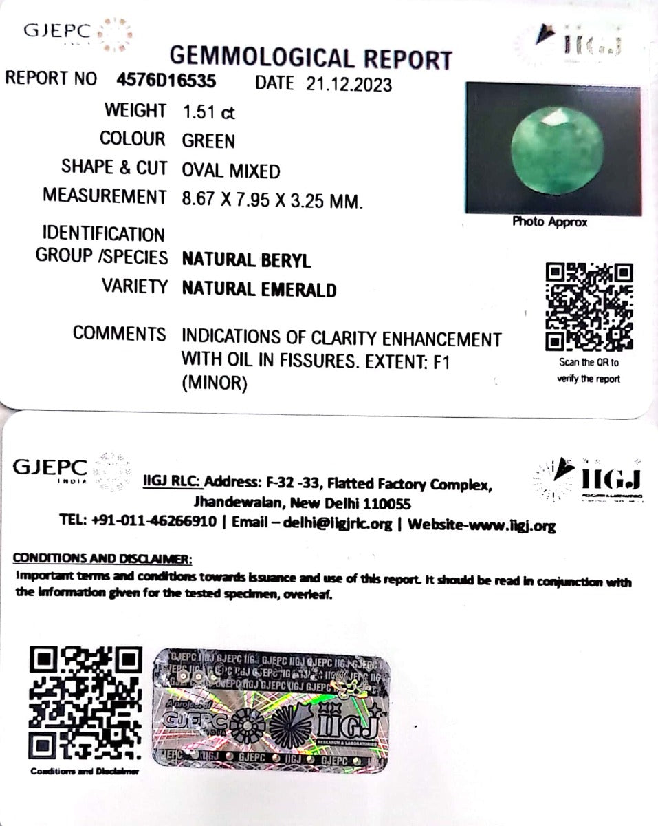 1.51/CT Natural Panna Stone with Govt. Lab Certificate  (6771)