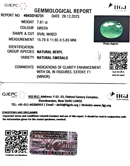 7.61/CT Natural Panna Stone with Govt. Lab Certificate  (12210)