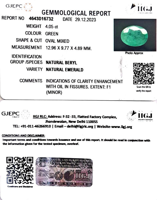 4.05/CT Natural Panna Stone with Govt. Lab Certificate (8991)