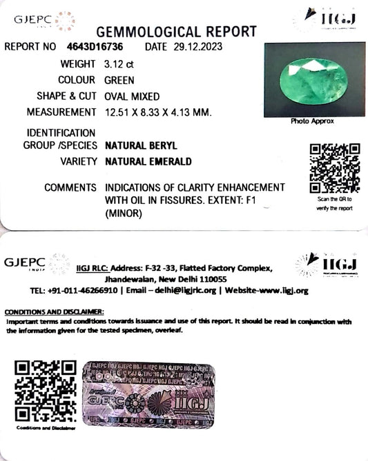 3.12/CT Natural Panna Stone with Govt. Lab Certificate  (12210)