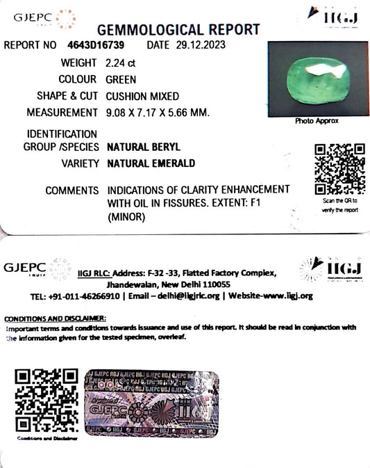 2.24/CT Natural Panna Stone with Govt. Lab Certificate  (8991)