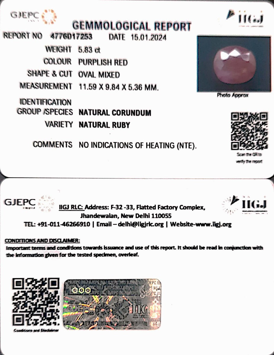 5.83/CT Natural Mozambique Ruby with Govt. Lab Certificate (12210)