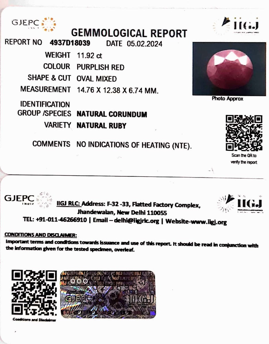 11.92/CT Natural new Burma Ruby with Govt. Lab Certificate-3441