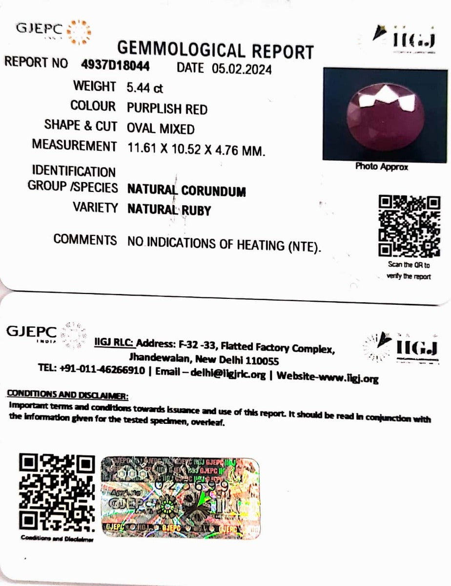 5.44/CT Natural new Burma Ruby with Govt. Lab Certificate (3441)