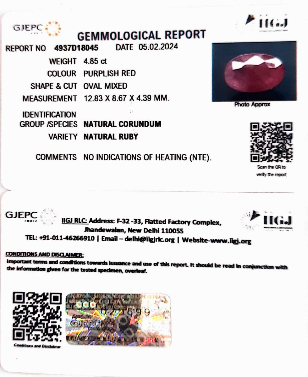 4.85/CT Natural Mozambique Ruby with Govt. Lab Certificate-12210