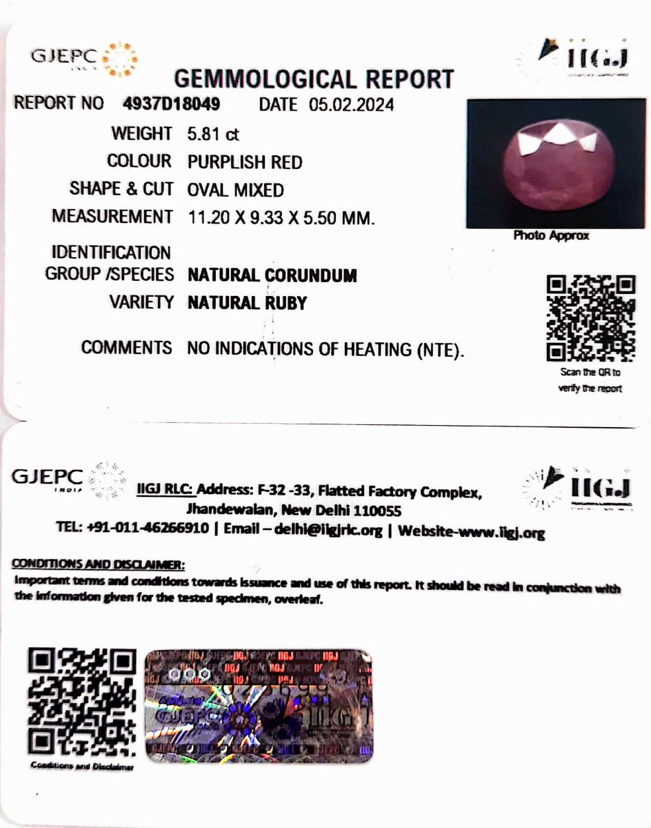 5.81/CT Natural new Burma Ruby with Govt. Lab Certificate (4551)